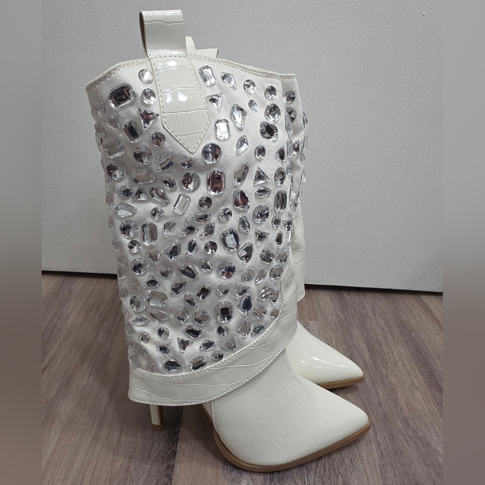 Lauren Lorraine Hana White Rhinestone Stiletto Cowboy Boot Size 8 - New In Box - Picture 4 of 12